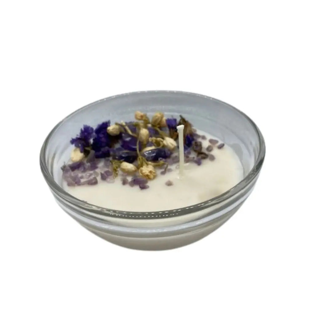Soy wax essential oil candle with crystals | Lavender Woods | 3.5-inch glass dish