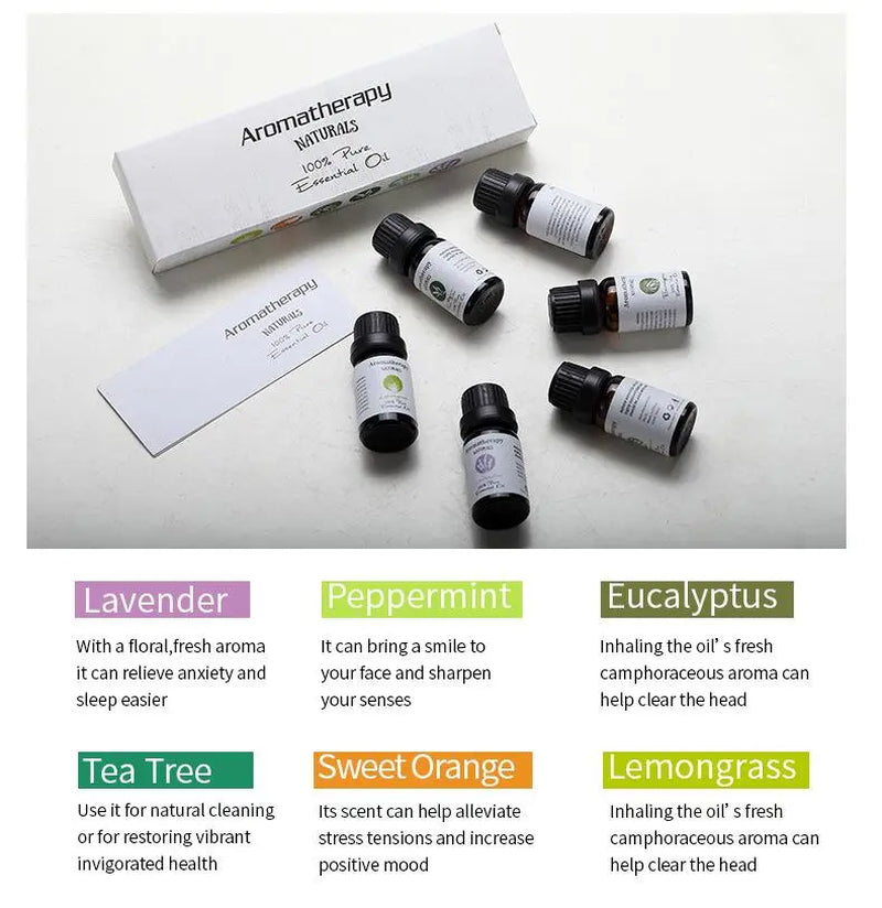 Essential oil set | 6 bottles, 10ml each | Lavender, Mint, Tea Tree, Lemongrass, Sweet Orange, Eucalyptus