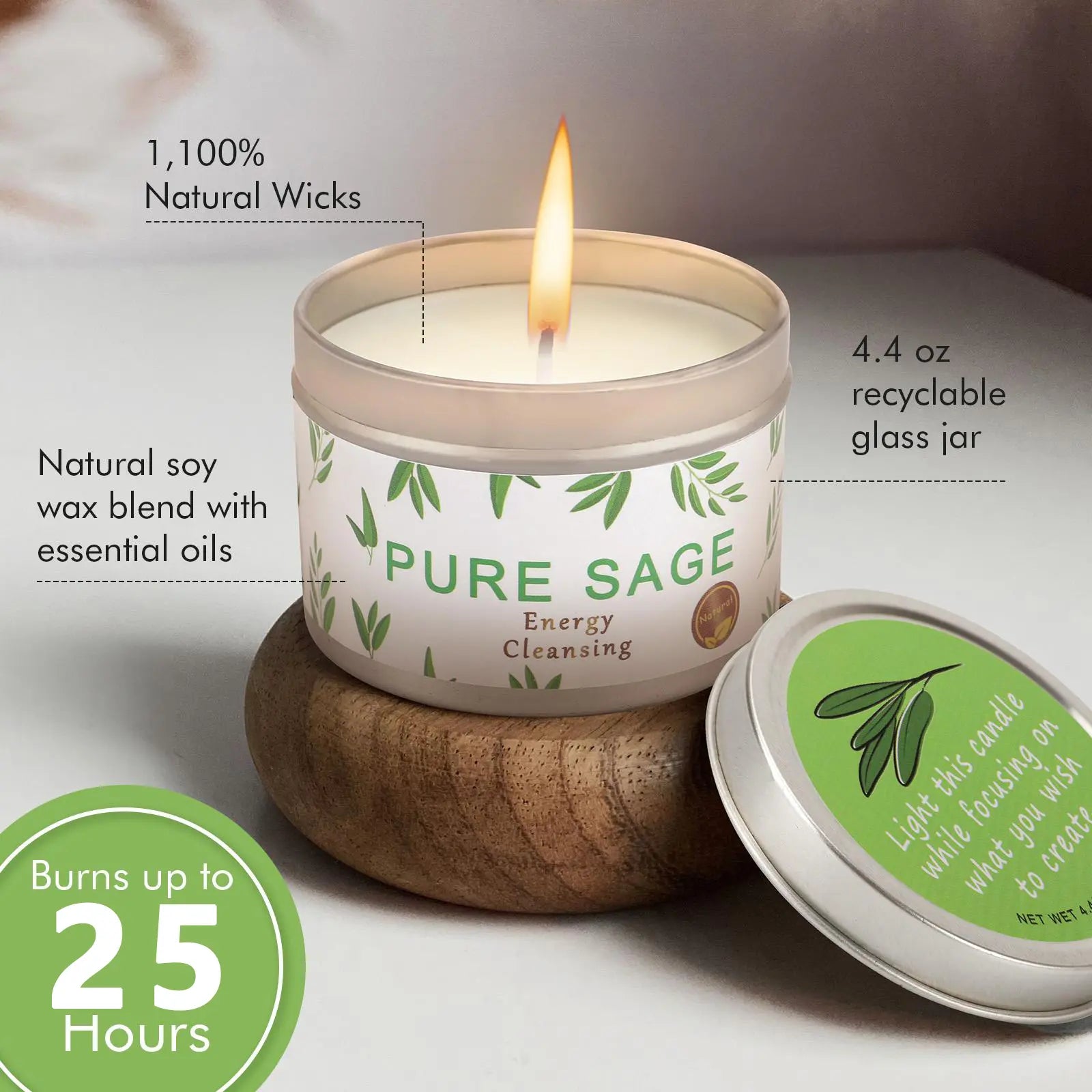 Soy wax candle | White sage | 4.4 oz, 25-hour burn