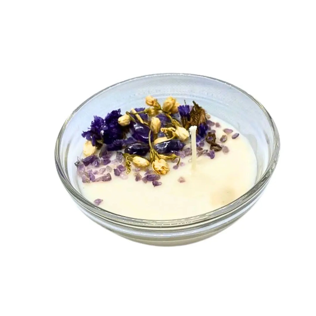 Soy wax essential oil candle with crystals | Lavender Woods | 3.5-inch glass dish