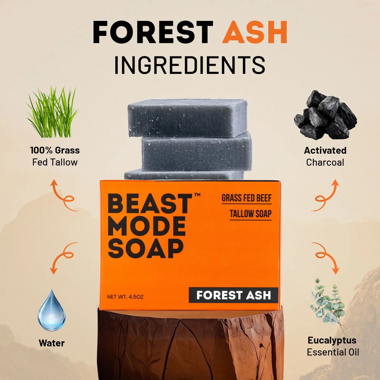 Beast Mode soap | Grass-fed tallow, variety 4-pack | Paleo Pine, Lemon Leaf, Forest Ash, Unscented