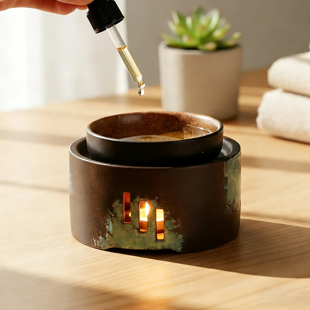 Ceramic wax melt and oil warmer | Candle-heated, removable dish | Brown and teal