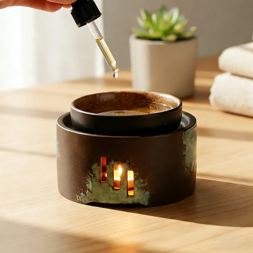 Ceramic wax melt and oil warmer | Candle-heated, removable dish | Brown and teal