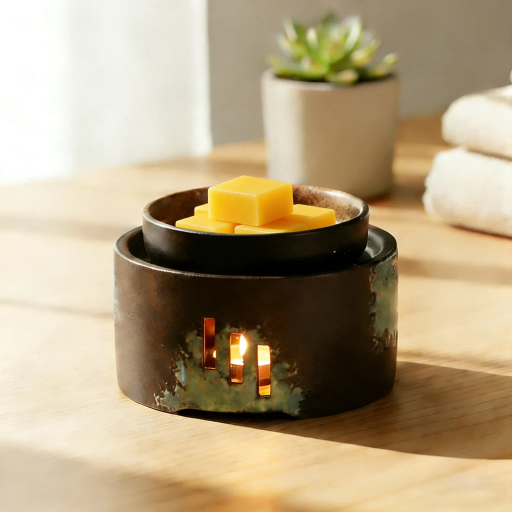 Ceramic wax melt and oil warmer | Candle-heated, removable dish | Brown and teal
