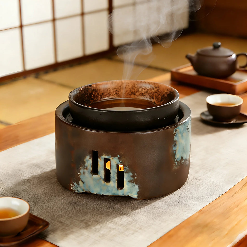 Ceramic wax melt and oil warmer | Candle-heated, removable dish | Brown and teal