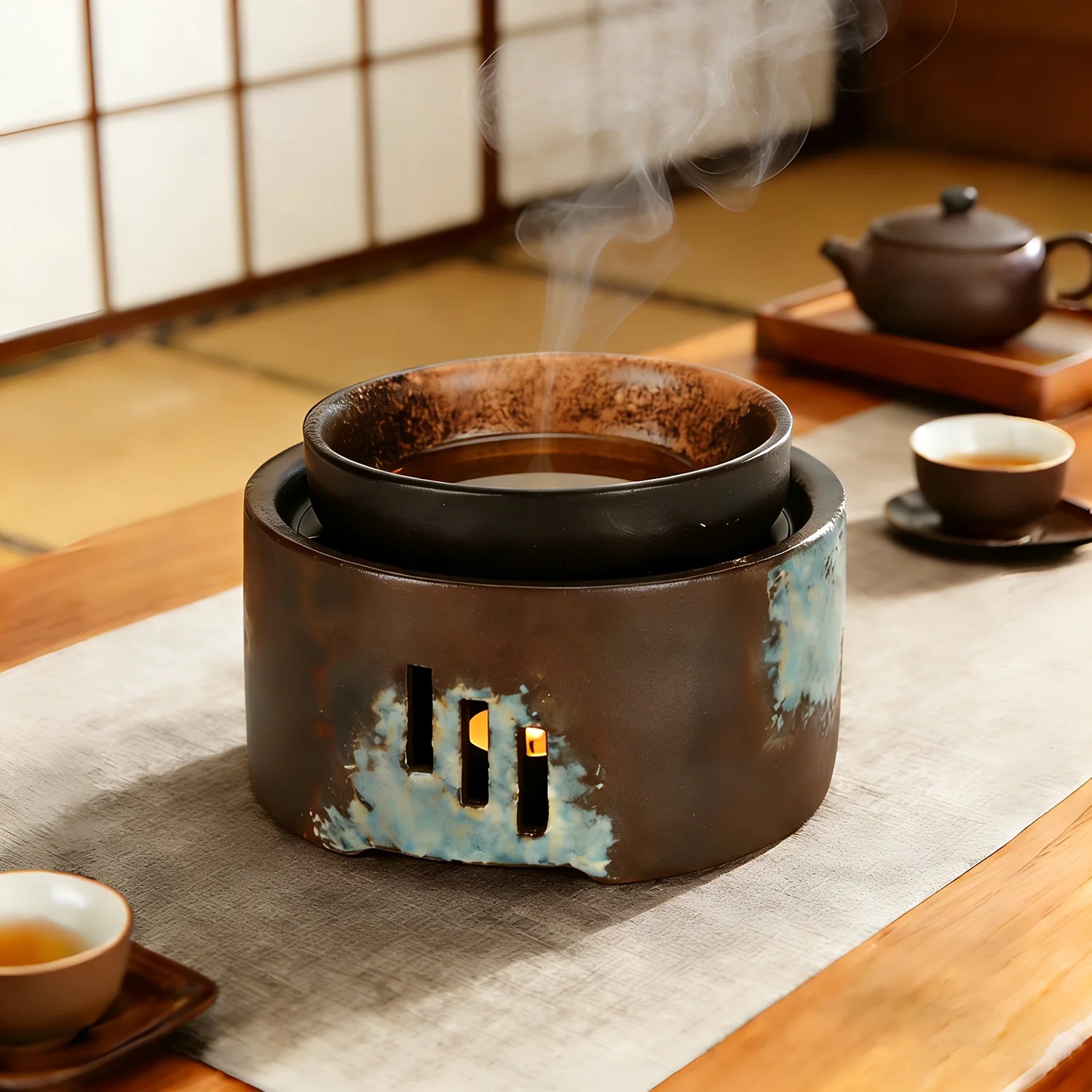 Ceramic wax melt and oil warmer | Candle-heated, removable dish | Brown and teal