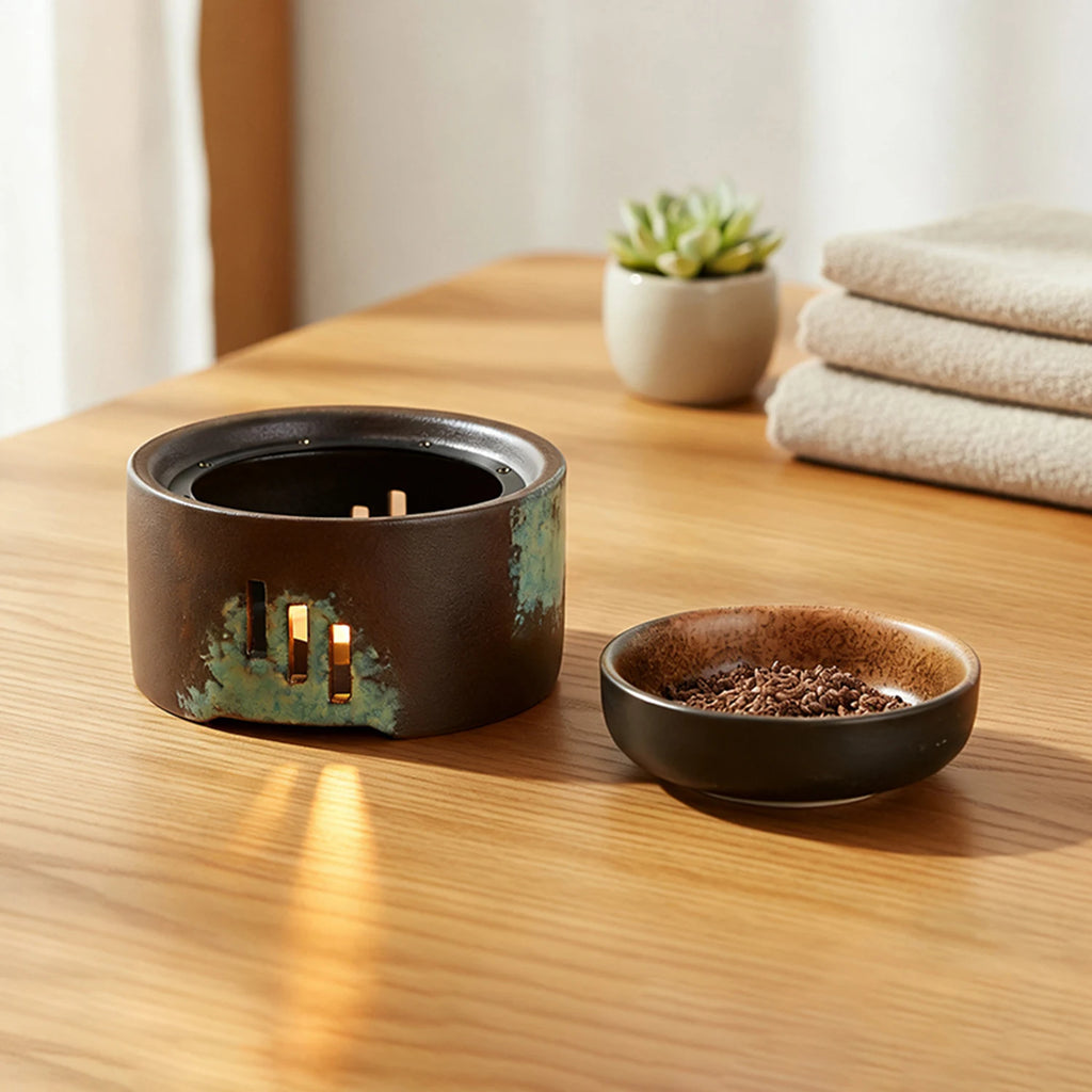 Ceramic wax melt and oil warmer | Candle-heated, removable dish | Brown and teal