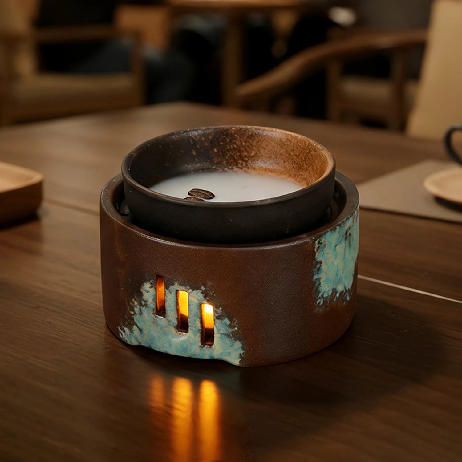 Ceramic wax melt and oil warmer | Candle-heated, removable dish | Brown and teal