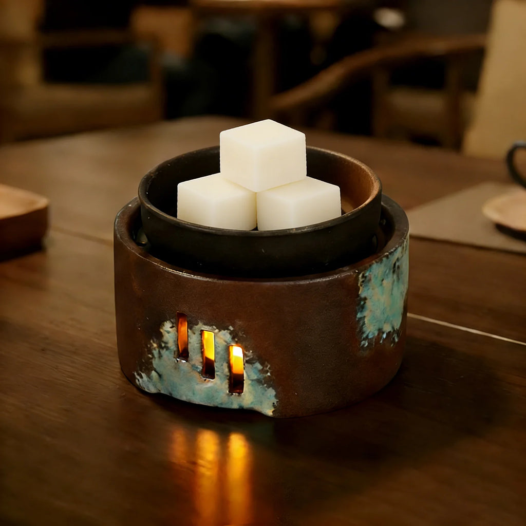 Ceramic wax melt and oil warmer | Candle-heated, removable dish | Brown and teal