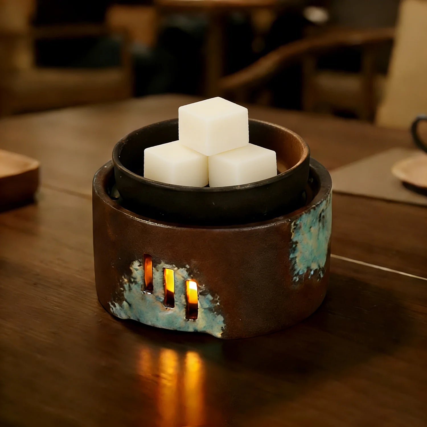 Ceramic wax melt and oil warmer | Candle-heated, removable dish | Brown and teal