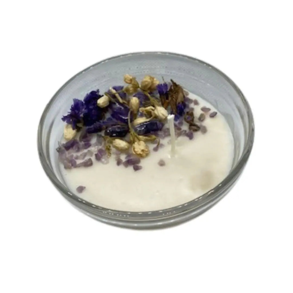 Soy wax essential oil candle with crystals | Lavender Woods | 3.5-inch glass dish