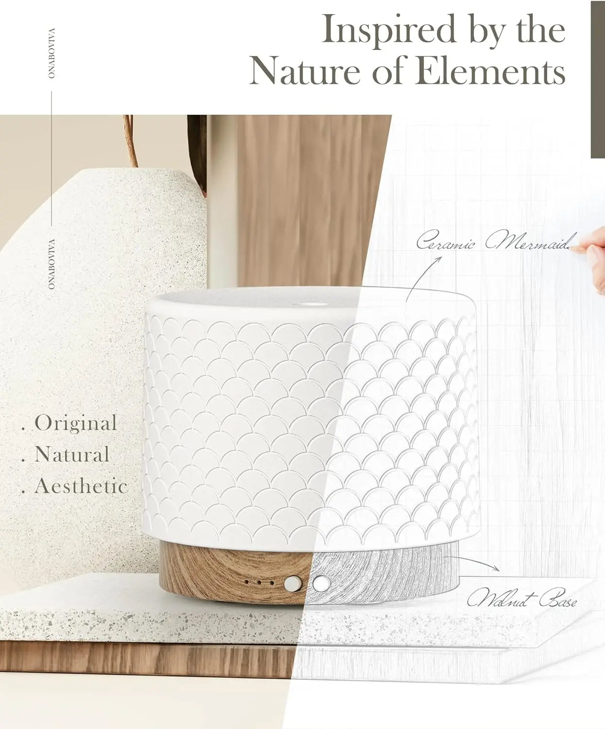 Ceramic essential oil diffuser | Handmade ceramic, warm light, minimalist | 180ml capacity