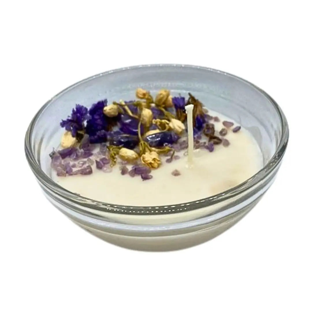 Soy wax essential oil candle with crystals | Lavender Woods | 3.5-inch glass dish