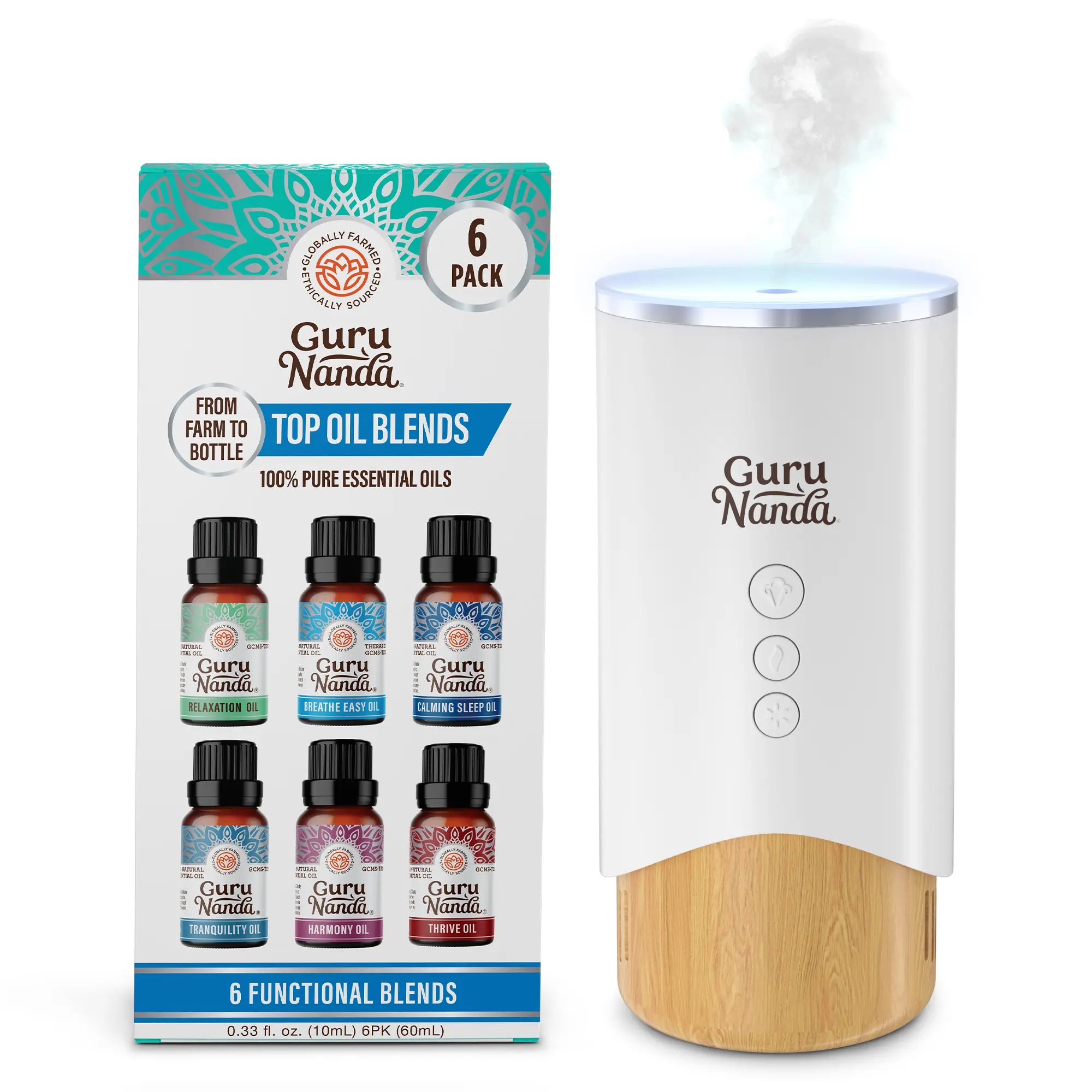 Aromatherapy diffuser and essential oil blend set | 6 blends | Tranquility, Breathe Easy, Thrive, Relaxation, Harmony, Calming Sleep