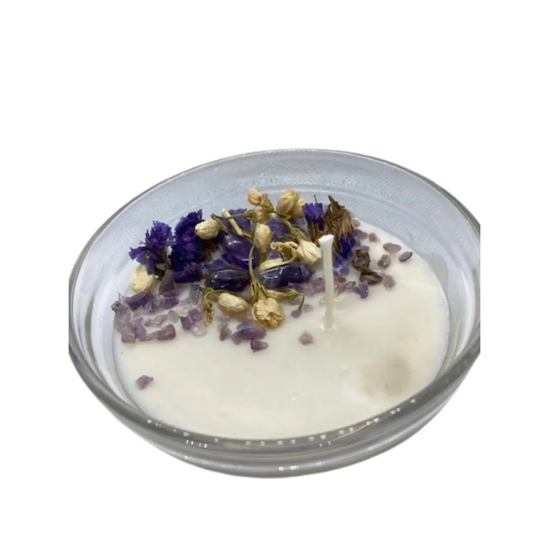 Soy wax essential oil candle with crystals | Lavender Woods | 3.5-inch glass dish