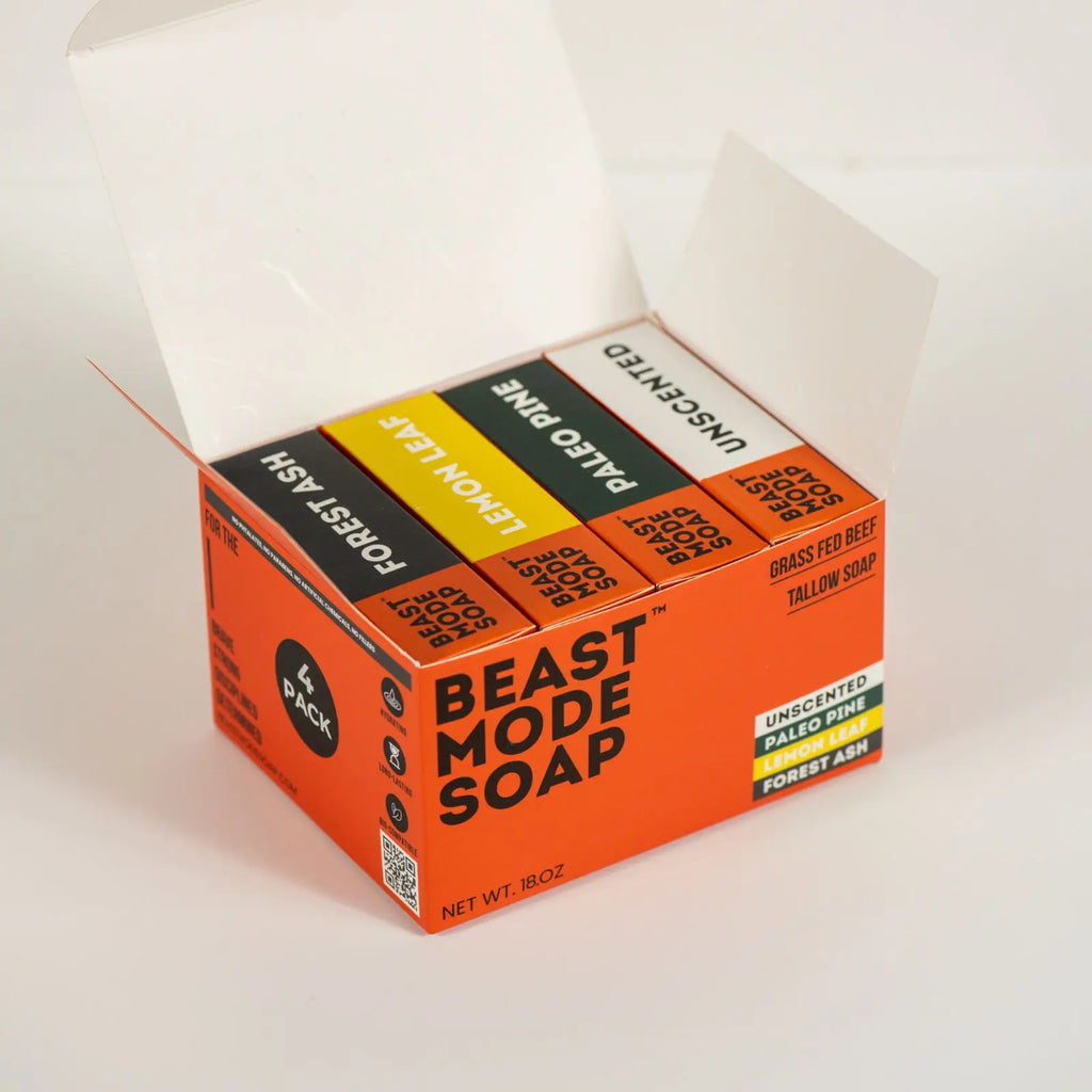 Beast Mode soap | Grass-fed tallow, variety 4-pack | Paleo Pine, Lemon Leaf, Forest Ash, Unscented