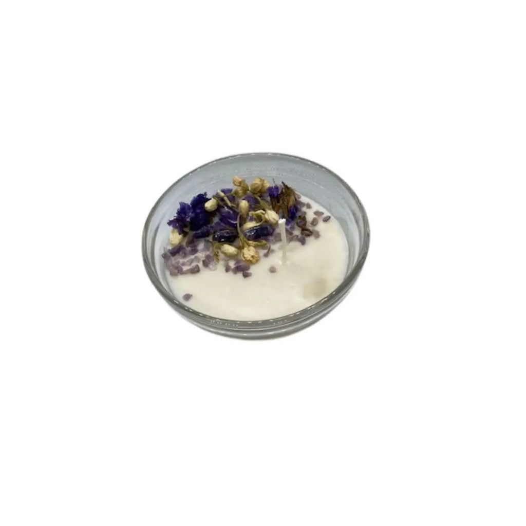 Soy wax essential oil candle with crystals | Lavender Woods | 3.5-inch glass dish