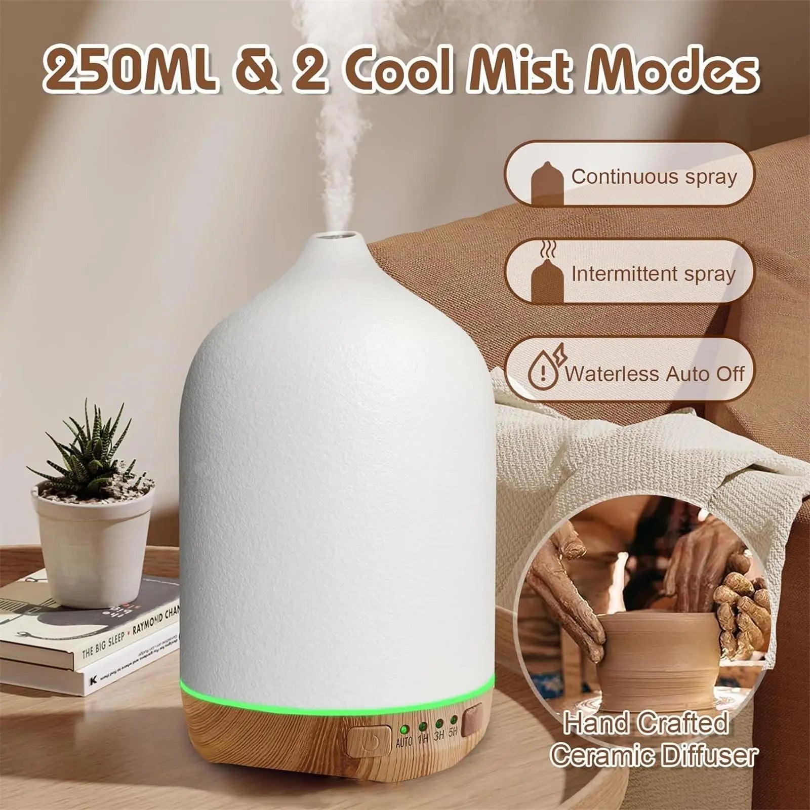Ceramic ultrasonic diffuser | 250ml, timer and night light | White